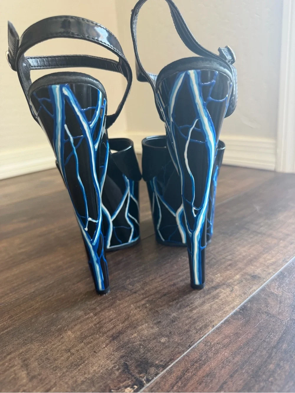 Black Pleaser Platform Heels with Blue Lightning Accent